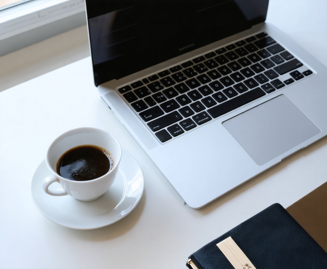 Ein Laptop auf einem Schreibtisch neben einer Tasse Espresso